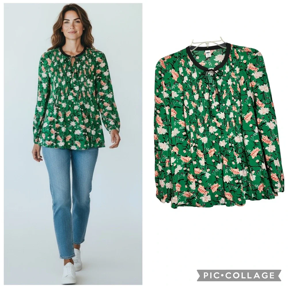 Old Navy Green Floral Pintuck Tie Neck Long‎ Sleeve Blouse Top Women's XS (3120)